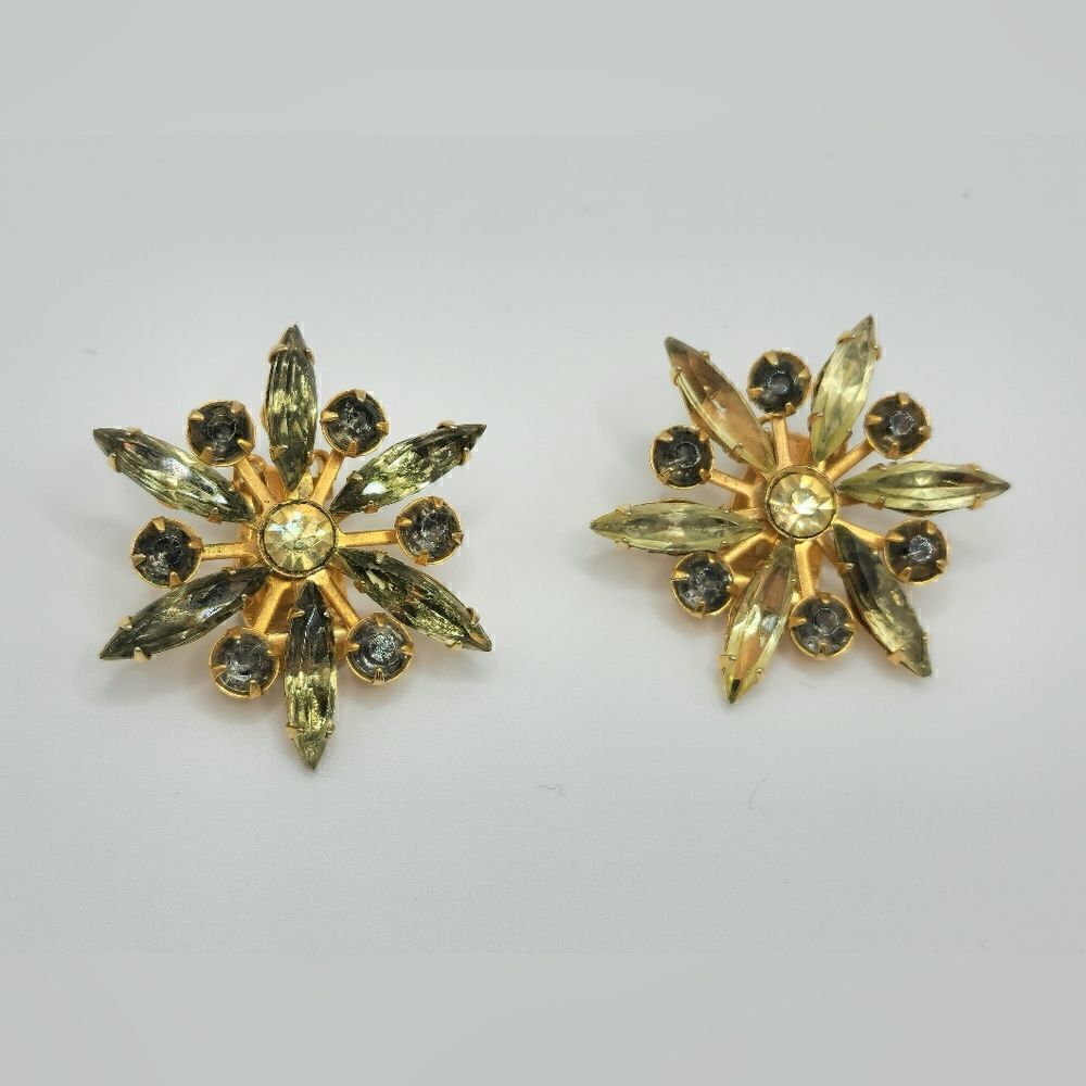 Vintage gold rhinestone crystal burst flower earrings